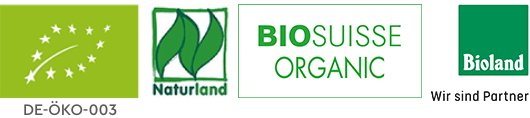 Logos des certifications bio UE, Naturland, Biosuisse Organic et Bioland